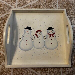 Peachy Designs Snowmen White Wooden Square Tray w/ Handles 13"x13"